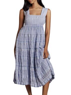 Anthropologie Helena Purple Square-Neck Smocked Tiered Midi Dress